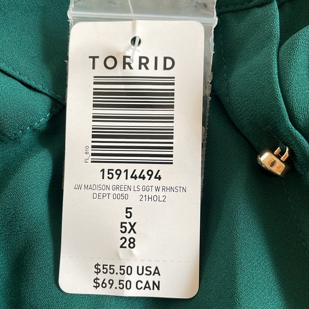 TORRID Button Front Blouse Green MADISON Rhinestone Buttons Long Sleeve NWT 5X - Picture 12 of 15